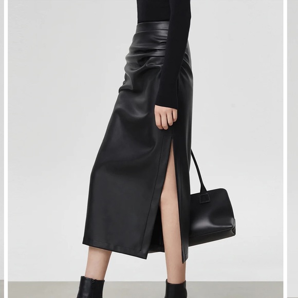 COMMONSENSE Faux Leather Ruched Slit Midi Skirt - Picture 3 of 6